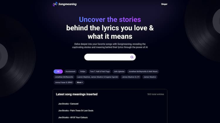 Songmeaning Unlock the hidden depths of your favorite songs with the help of AI. Uncover the true meaning behind the lyrics you love with Songmeaning.