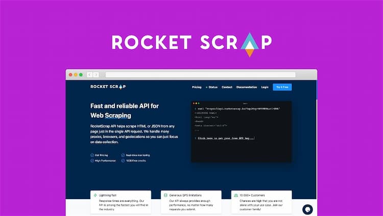 RocketScrape RocketScrape API helps scrape HTML or JSON from any page just in a single API request.