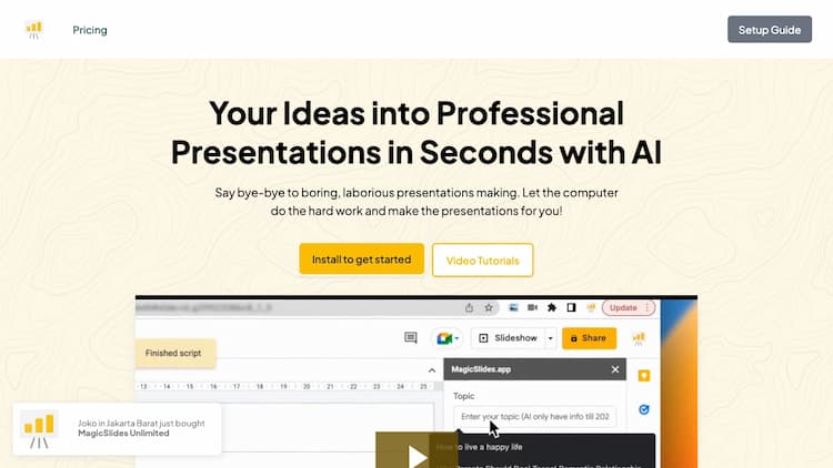 MagicSlides MagicSlides is AI-Powered Text To Presentation Google Slide add-on that summarizes and creates presentation slides from any piece of text.