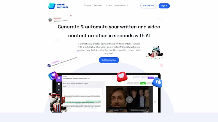 Snack Contents Automatically creates written content. Turns it into short, highly-sharable video created from daily web data source. Easy, fast & cost-effective. No inspiration or tech skills required.