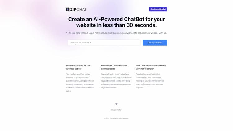 ZipChat AI The only GPT4 powered chatbot specifically built to increase E-Commece sales. While other bots are for support, we turn prospects chats into sales.