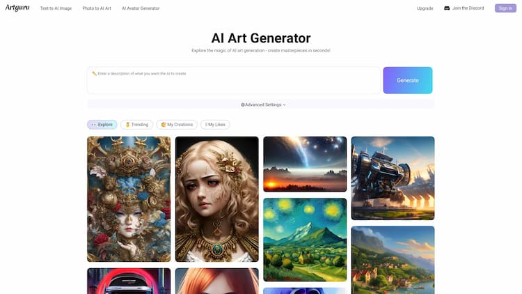 Artguru AI Art Generator Create stunning and unique art with Artguru's free AI art generator. Just enter some words or a pic and let the power of artificial intelligence unleash your creativity. Discover the magic of AI art generation today!