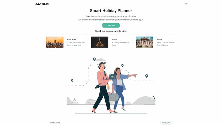 AMBLR - AI Travel Planner Discover hassle-free vacation planning with our AI-powered Smart Holiday Planner. Get personalized, instant recommendations for your perfect trip - all for free!