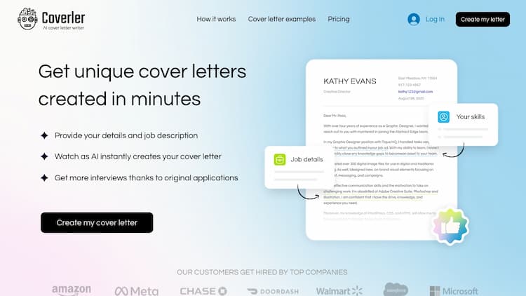 Coverler We offer a cover letter AI generator for personalized your application needs. Craft a letter that reflects your experiences and aspirations.