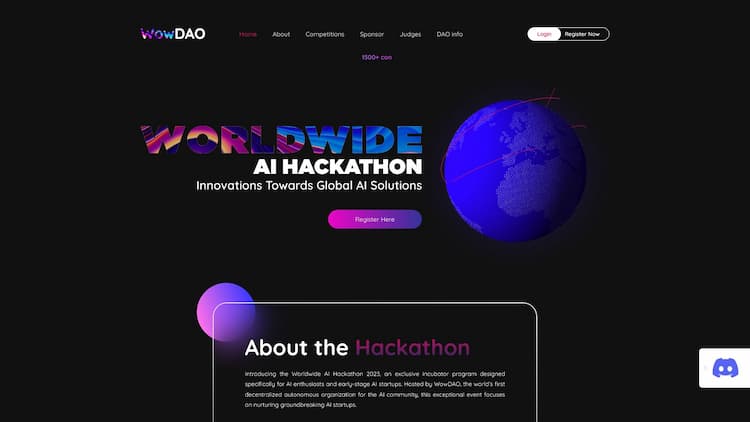 Worldwide AI Hackathon WowDAO - The first Decentralized Autonomous Organization for the whole AI community. Our mission is to democratize AI by fostering global collaboration and embracing full decentralization as the cornerstone of the future of AI.