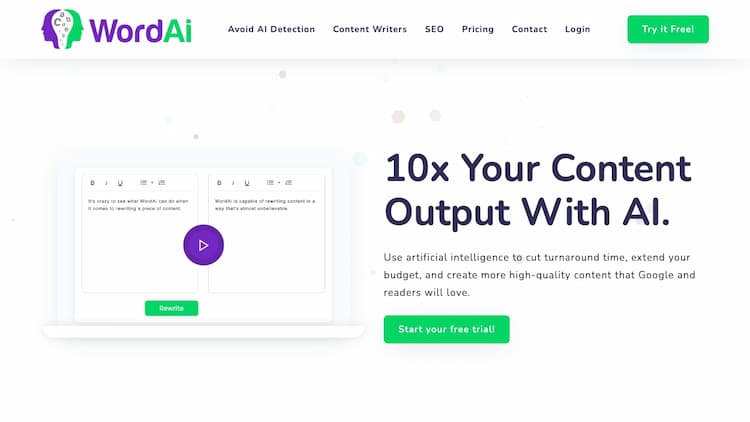 Wordai Leverage the power of artificial intelligence to significantly enhance your content output and achieve remarkable results. With the use of AI, you can reduce turnaround time, optimize your budget, and generate a greater volume of top-notch content that is guaranteed to impress both Google and readers.