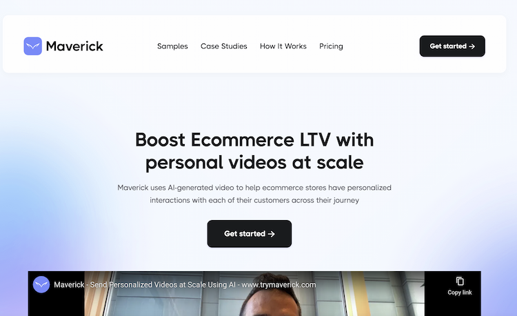 Maverick Boost revenue and LTV for Ecommerce by sending customers personalized videos at scale. Maverick helps ecommerce businesses, online retailers and other brands leverage the power of AI generated video. Connect with us!
