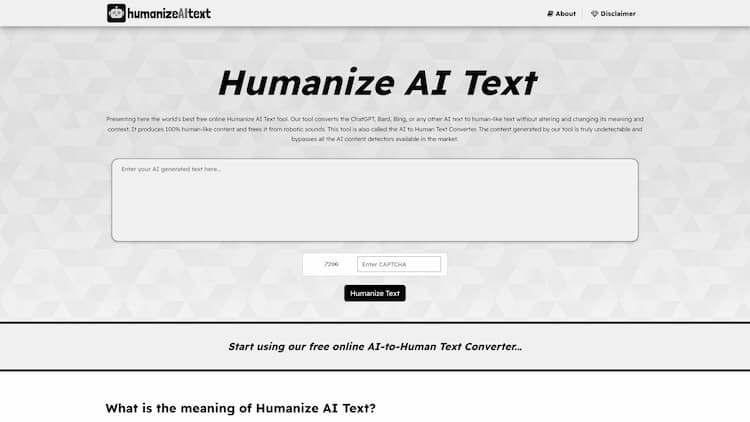 Humanize AI Text Humanize AI Text is a free online AI text converter that converts the AI text written using ChatGPT, Google Bard, Bing Chat, or other AI text writers to human-like content.