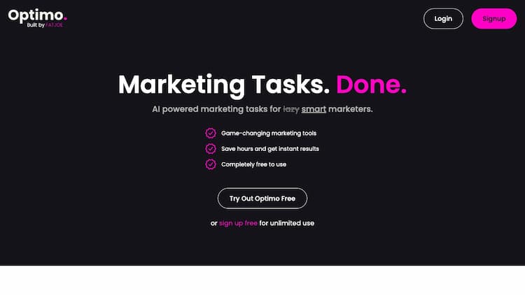 Optimo Ai powered marketing tasks done for smart marketers. Save hours & get instant results, completely free.