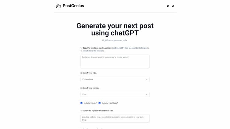 Post Genius PostGenius is a powerful social media post generation tool powered by chatGPT that helps you save time and boost engagement. Try it today and see the difference!