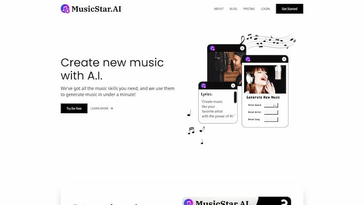 MusicStar.AI Royalty free AI music generator, including beats, lyrics, and vocals.
