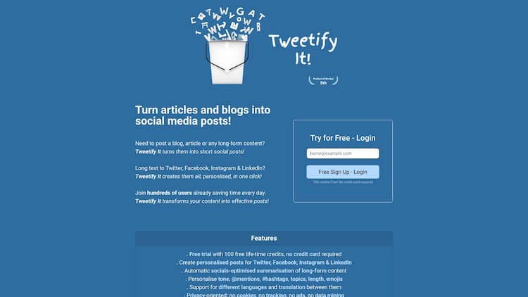 Tweetify It Turn articles and blogs into social media posts! Free lifetime credits.