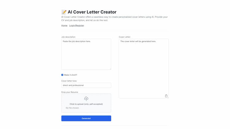 AI Cover Letter Creator AI Cover Letter Creator offers a seamless way to create personalized cover letters using AI. Provide your CV and job description, and let us do the rest.