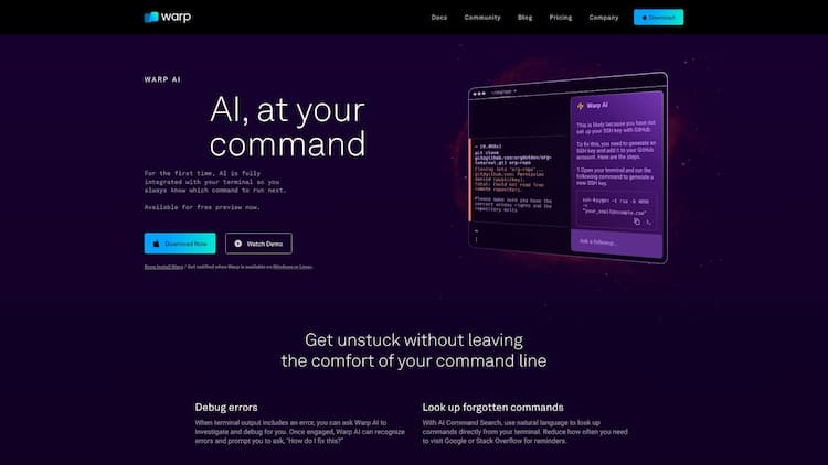 Warp AI Warp is a modern, Rust-based terminal with AI built in so you and your team can build great software, faster. Now available on MacOS.
