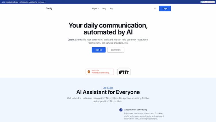 Gnbly Gnbly /gˈnoʊbli/ is your personal AI assitant. He can help you book restaurants reservations, call service providers, etc.