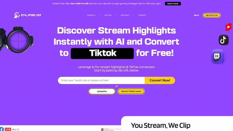 Eklipse.GG Eklipse is an AI gaming highlights clipper. Convert, edit, & share the best of your Twitch stream clip to TikTok, Reels, & YouTube Short with ease & free.