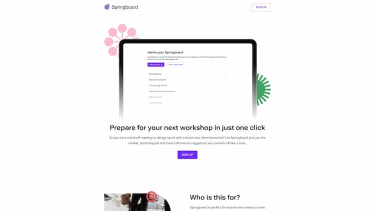 Springboard So you have a kick-off meeting or design sprint with a brand new client tomorrow? Let Springboard give you the information nuggets so you can kick-off like a boss.