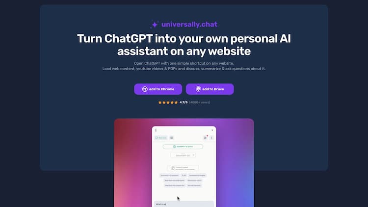 universally.chat A chrome extension to open ChatGPT with a simple shortcut on any website. Load articles, youtube videos & PDFs and discuss, summarize & ask questions about it.