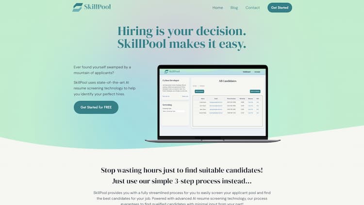 SkillPool Are you interested in making your hiring process more productive? Check out SkillPool, an advanced AI-based resume screening tool now!