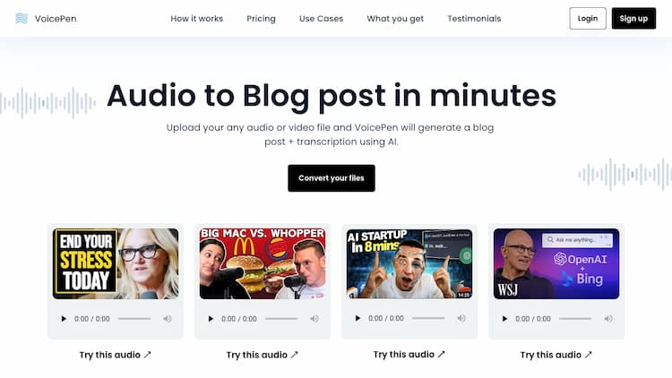 VoicePen AI Convert audio, video, voice memo and websites to blog posts in minutes with AI.