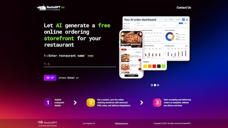 RestoGPT AI RestoGPT uses AI to automatically generate a custom, commission-free online ordering storefront for restaurants - just submit your restaurant's name and menu, and AI will take careÂ ofÂ theÂ rest!