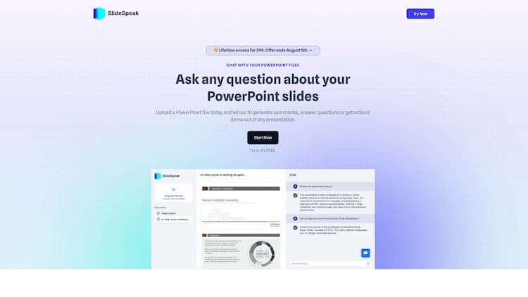 SlideSpeak Chat with your PowerPoint files. Upload your data and ask any question about your PowerPoint slides. Let our AI generate summaries, answer questions or get actions items out of any presentation.