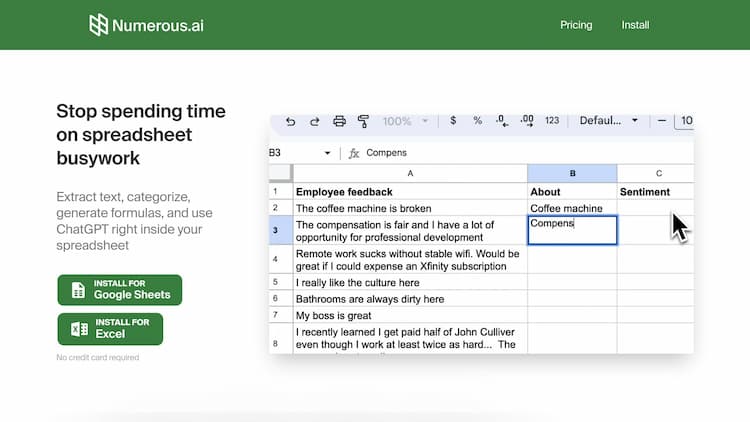 numerous An AI-powered spreadsheet plugin that brings ChatGPT to Google Sheets and Excel.