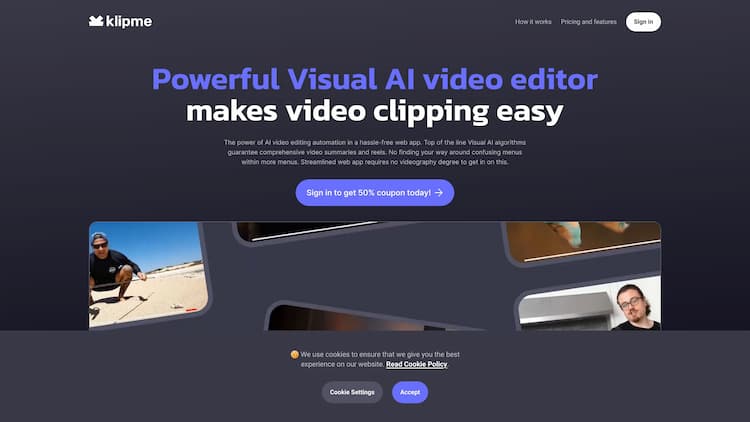 Klipme Leverage the power of Visual AI technology to create promotional clips and summary reels from your footage. Put all the content from your camera roll to good use.