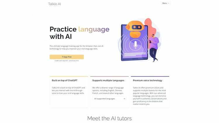 Talkio AI The ultimate language training app for the browser that uses AI technology to help you improve your oral language skills.