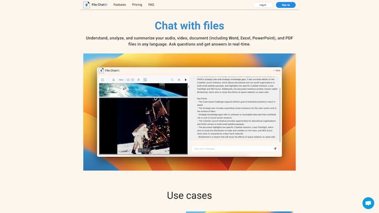 File ChatAI Understand, analyze, and summarize your audio, video, document (including Word, Excel, PowerPoint), and PDF files in any language. Ask questions and get answers in real-time.
