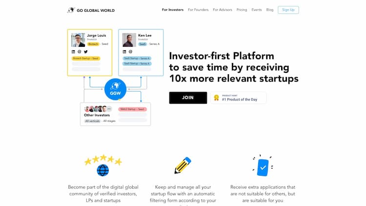 Go Global World Tired of cold emails and funding applications? Our platform cuts through the noise, connecting investors with relevant startups via AI matchmaking, and lets you make connection decisions fast with personalized profiles and funding criteria.