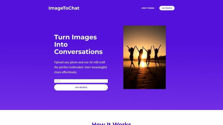ImageToChat AI Upload any photo and our AI will craft the perfect icebreaker. Start meaningful chats effortlessly. Dive into the world where photos speak louder than words. Join us, and let's redefine conversation!