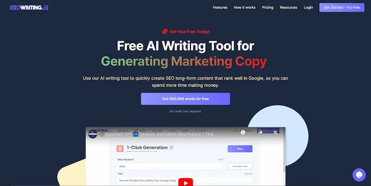 SEOWriting AI Seowriting AI is an AI-powered writing tool that is available for free. It is specifically designed to create marketing content that performs exceptionally well in terms of ranking on Google.