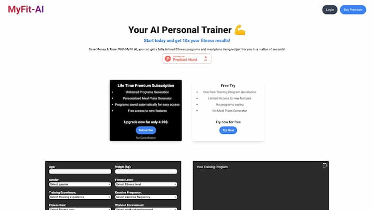 Myfit-AI Myfit-AI is your new AI personal trainer! Our app takes the guesswork out of reaching your fitness goals by providing you with a customized workout plan and nutrition program tailored to your specific needs and preferences. Powered by OpenAI GPT API.