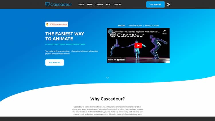 Cascadeur Cascadeur is a standalone software for 3D keyframe animation of humanoids or other characters. Never before making animation from scratch or editing one has been so easy and fun. Thanks to its AI-assisted tools, you can make key poses really fast, instantly see the physical results and adjust secondary motion. All while retaining full control at any point.