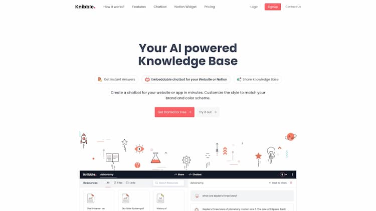 Knibble.AI knibble.ai - Your AI powered knowledge base, powered by ChatGPT. Custom AI chatbot and Notion Widget