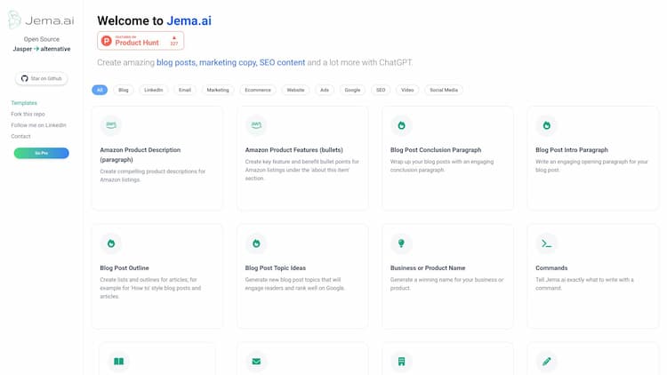 Jema.ai Jema.ai is an open-source alternative to Jasper, providing powerful AI-driven content generation for marketers, writers, and businesses. Discover the potential of AI-powered content creation with Jema.ai