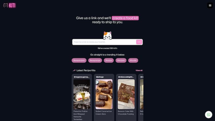 KITI AI Cook Up A Storm With KITI.AI Recipe Food Kit service! Our AI-powered platform creates food kits for food content creators, chefs, and social media posts. Feed us a link or search trending recipe food kits and make your cooking experience easier and more enjoyable!