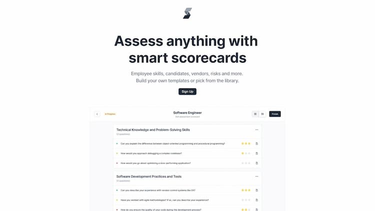 GetScorecard GetScorecard allows you to create reusable scorecards and use them to assess candidates, employee skills, risks, vendors and more. Share reports with anyone via a secure link or export them as pdf or text.