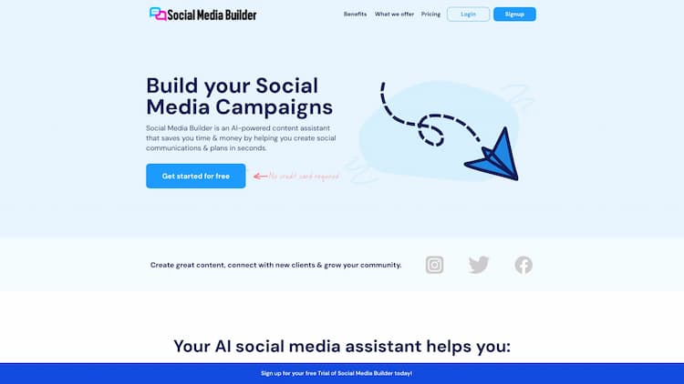 AI Social Media Builder Social Media Builder is an AI-powered content assistant that helps you generate social content and plans in seconds across all platforms. Create social communications that expand your reach, increase influence and grow your community.