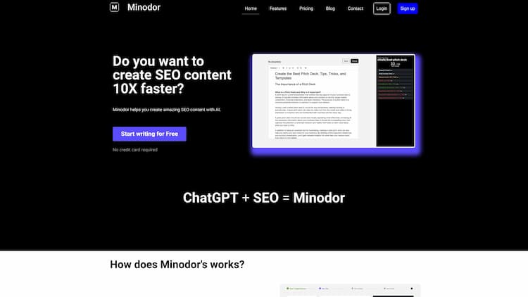 Minodor Minodor analyzes your content, optimizes it for SEO, and helps it rank on the first page of Google.