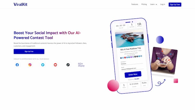 ViralKit Fully AI powered contest tool that auto-generates contests, giveaways and sweepstakes. Quickly grow your followers, likes, subscribers, customers, and sales.