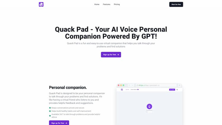 Quack Pad Quack Pad is a virtual companion that helps you talk through your problems and find solutions. With customizable digital ducks, easy-to-use interface, and helpful feedback, QuackPad is suitable for anyone looking for a personal companion.