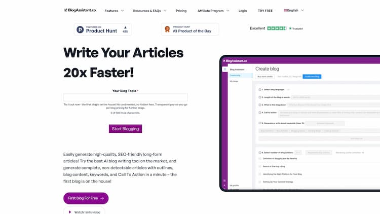 Blog Assistant Blog Assistant, AI writer powered by GPT-3! Write quality blogs 20x faster and create long-form SEO articles with ease. It is simple to use with a keyword generation feature, outlines generation, and is non-detectable by AI-content detectors!