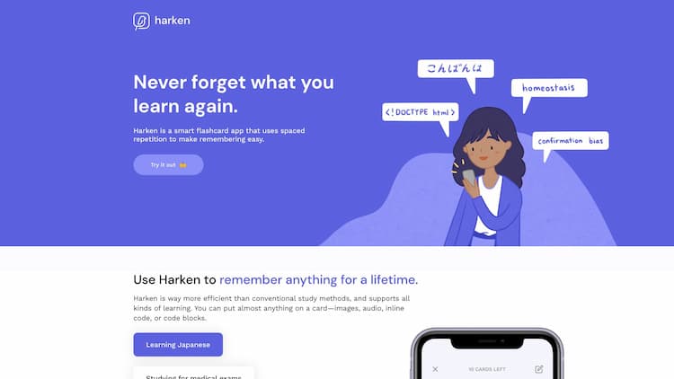 Harken Chrome Extension Harken is a smart flashcard app that uses spaced repetition and active recall to make remembering easy.
