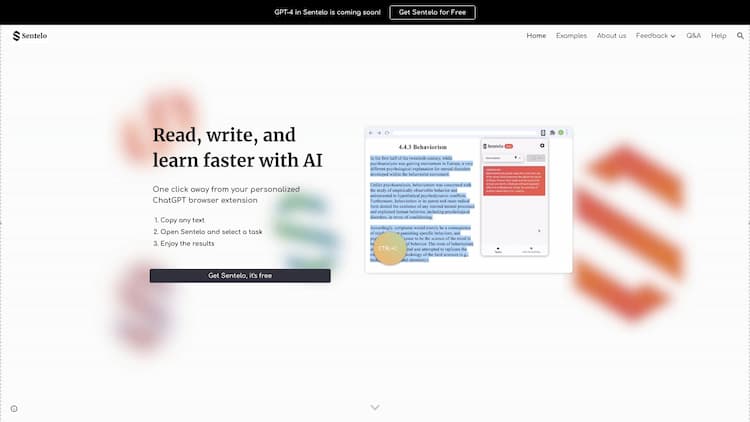 Sentelo Transform your learning journey with just one click! Sentelo - solution for students tired of endless reading & writing. Use this intuitive Chrome extension to quickly summarize, paraphrase or explain any text. Get instant answers to any questions you have!