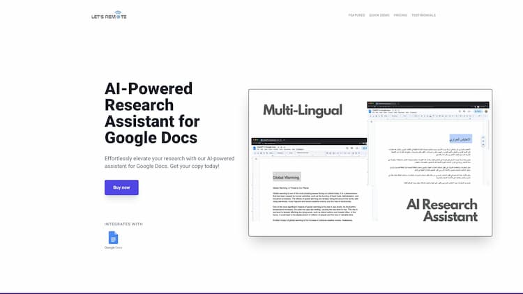 Research PAL Easily research text from inside Google Docs with the ChatGPT API. Our Google Docs AI-Assistant extension makes researching, writing, and editing a breeze. Try it now!