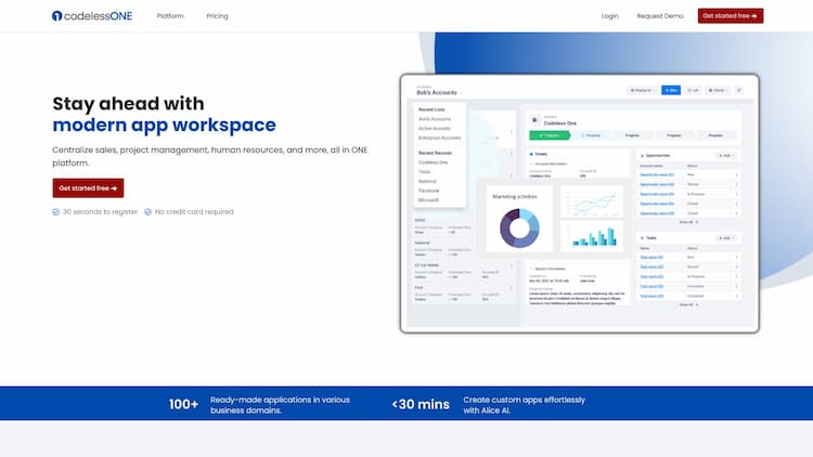 Codeless ONE Codeless ONE is powered by AI and with its unparalleled capabilities, users can consolidate their diverse daily needs such as sales, project management, employee management, and customer support into a single, unified platform without coding