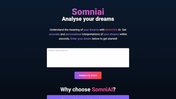 SomniAI : Dream analysis with AI Power Discover the hidden meanings behind your dreams with SomniAI, the most advanced AI dream analysis service. Get in-depth and detailed insights to better understand yourself and the world around you.