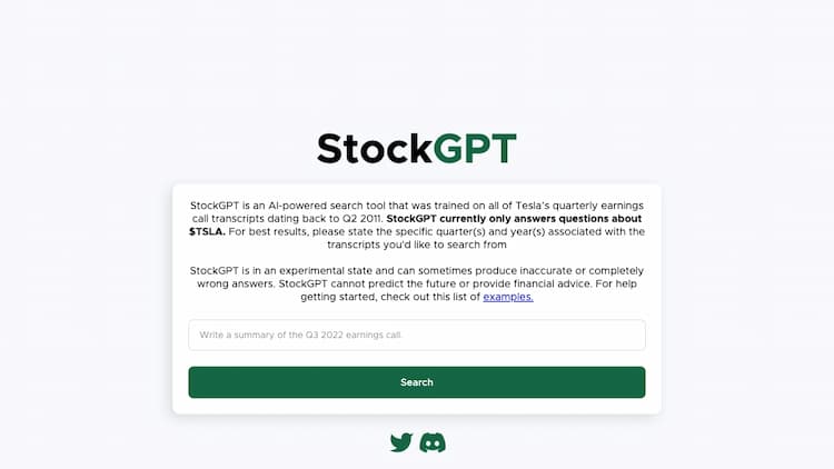 StockGPT StockGPT is an AI-powered search tool that contains knowledge of all earnings call transcripts from all SP500 companies for every quarter/year available.